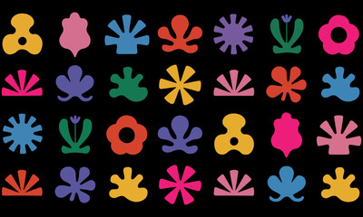 Colorful floral and abstract shapes on black ground