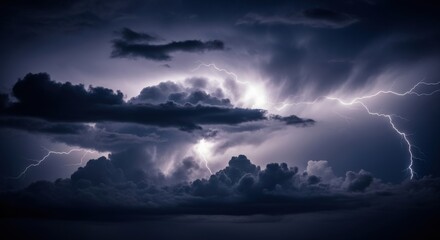 Dramatic Lightning Strikes Illuminating Dark Stormy Clouds During a Powerful Thunderstorm Event