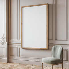 Soft and elegant living room space with one vertical blank frame hanging on wall, great for art display or digital product mockups