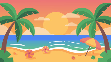 Vector Flat Style Tropical Beach Scene SVG Illustration with Sun Palm Trees Ocean and Umbrella in Vibrant Colors for Digital Design