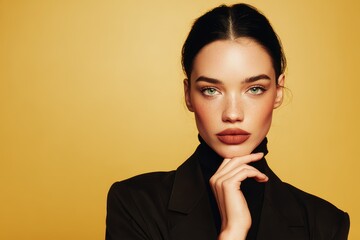 Concept of feminine beauty Stylish young woman in classic attire posing against a gold backdrop Flawless hair and skin High fashion look Studio close up shot