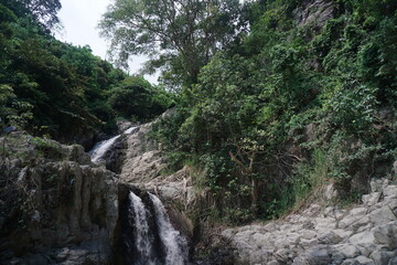 Cascading waters through the rocks and lush vegetation create a dynamic composition along a natural...