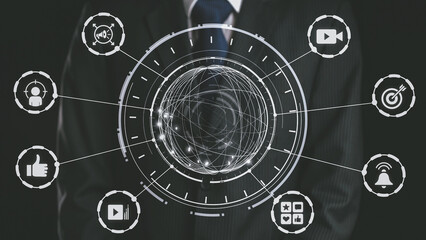Content marketing interface with data dashboards, analytics charts, and content tools. Marketing...