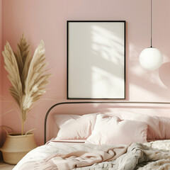 Portrait frame mockup above bed in a cozy bedroom seating with modern interior style and elegant color palette, ideal for promoting print artwork