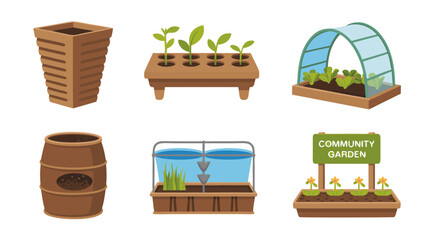 Vector SVG Illustration of Garden Planting Elements in Minimalist Flat Style with Green and Brown Colors