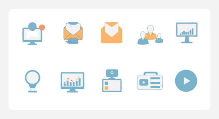 Vector Minimalist SVG Icon Set with Business and Data Visualization Elements in Flat Design Style with Blue and Orange Colors