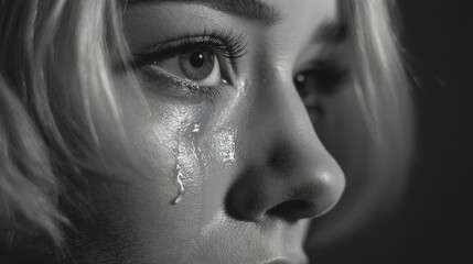 Moody black white sad crying girl portrait. Concept of mental health. Lonely depressed woman feel despair, anxiety, grief. Young schoolgirl worry test exam mark. Insecure teenager. Bad day, problems.