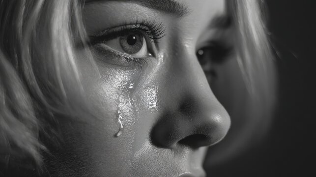 Moody black white sad crying girl portrait. Concept of mental health. Lonely depressed woman feel despair, anxiety, grief. Young schoolgirl worry test exam mark. Insecure teenager. Bad day, problems.