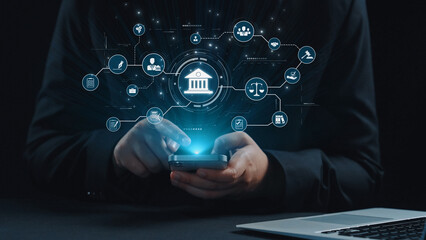 Futuristic digital law interface displaying justice scale, highlighting digital law, AI compliance,...