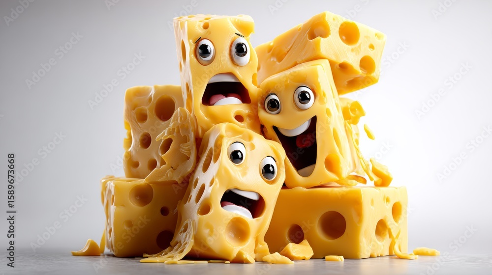 Poster stack of cheese blocks with faces on them. the faces are smiling and the cheese is yellow