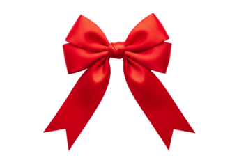 Realistic red satin gift bow with ribbons for holiday celebration. Isolated on transparent background, png