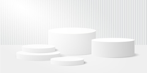 White and Gray geometric steps pedestal podium in clean empty room space. Vector abstract studio room with 3D platform. Luxury minimal wall scene for cosmetic products. Showcase, Promotion display.
