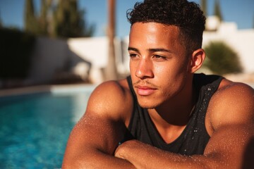 A mixed race young man lounging by a pool in the open air with room for text
