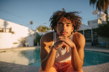 A mixed race young man lounging by a pool in the open air with room for text