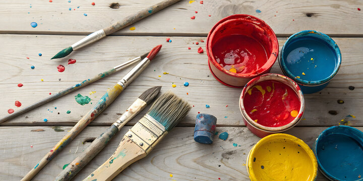Top view of paint splattered brushes and open paint pots - Powered by Adobe