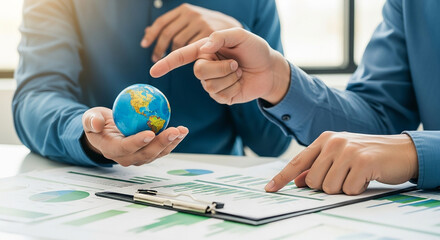 Businessmen analyze global data with a small world globe