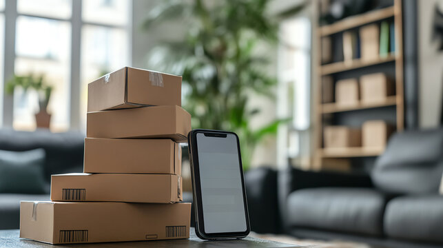 Online shopping concept with parcels and phone showing order screen