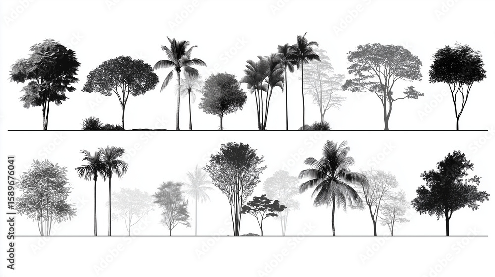 Poster silhouette tree line drawing set, side view, set of graphics trees elements outline symbol for archi