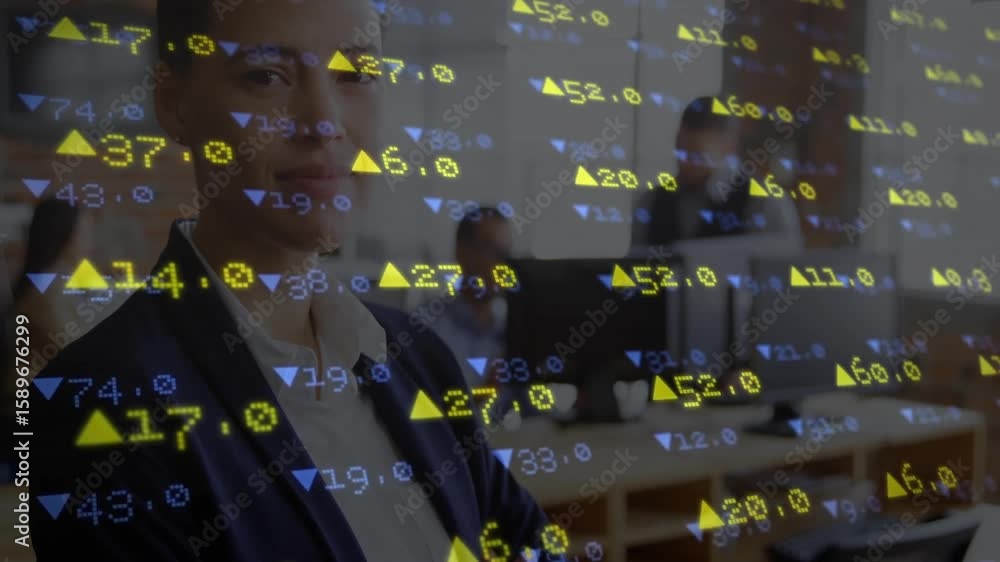 Poster on digital overlay appearing, executive standing with stock graph scrolling and analyzing trends