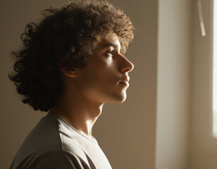 Obraz premium side profile of young person with curly hair illuminated by soft window light
