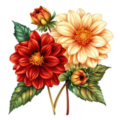 Flowers dahlia spring plants, cluster of spring dahlias in various hues, isolated on transparent background
