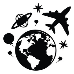 Black and white travel themed illustration featuring a globe airplane stars and other symbolic elements on a clean white background