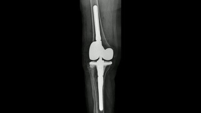 X-ray image shows a knee joint with a total knee arthroplasty (TKA)