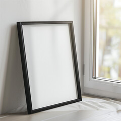 Vertical blank frame mockup displayed on soft-toned wall in cozy minimalist living room near the window,  ideal for wall art and print previews