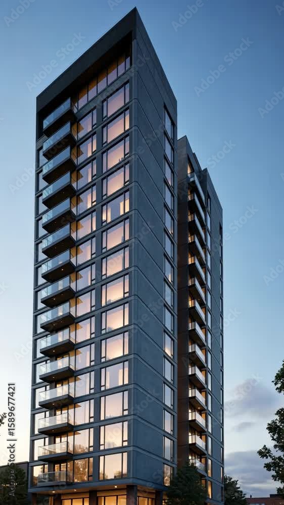 Poster a contemporary condominium with floor-to-ceiling windows and a sleek building facade, appealing to t