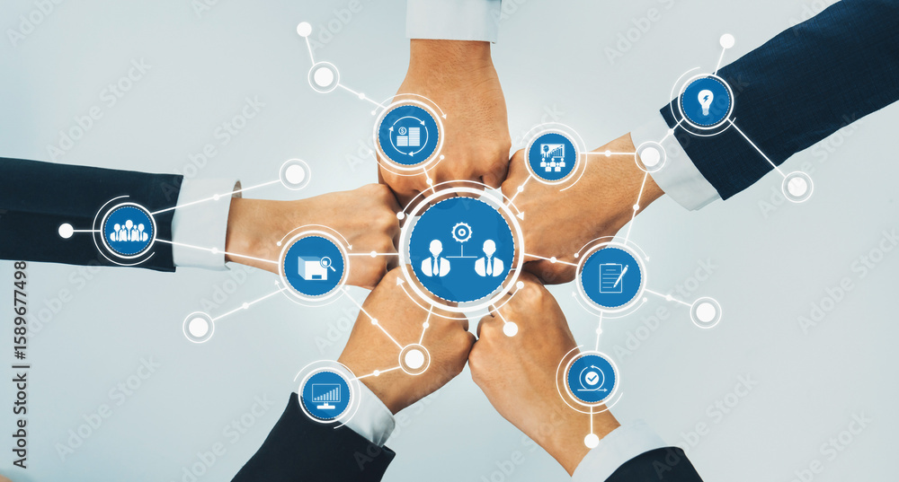 Poster a dynamic scene showcasing diverse hands joining together around digital icons that symbolize collab