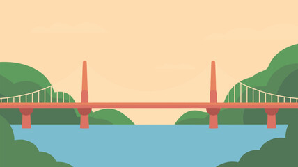 Naklejka premium Minimalist Vector SVG Illustration of Bridge Over Water in Flat Design Style with Green Hills and Peach Sky