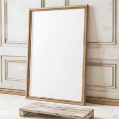 Vertical frame mockup in an elegant living room interior, on a pastel-colored wall with cozy decor, ideal for showcasing printable art or photography