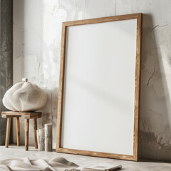 A professional mockup of vertical frame on soft-colored wall in bright living room interior, ideal for designers and sellers of printable artwork