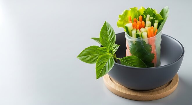 Fresh spring roll with vibrant vegetables and basil in a dark bowl