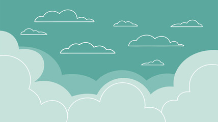 Vector Minimalist Flat SVG Illustration of Cloudscape with Simple Outlined Clouds in Soft Blue and Green Colors for Web and Digital Design