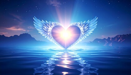 Heart with wings over water at dawn
