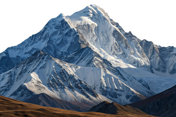 Fototapeta premium Majestic snow covered mountain peak under dramatic lighting isolated on transparent background