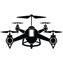 Black and white vector illustration of a modern drone with four propellers ready for flight and aerial views.
