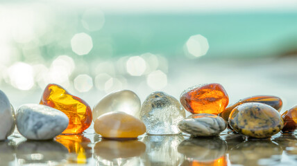 A close-up macro photograph of smooth, polished stones arranged in a row at the bottom of the frame.