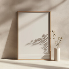 A blank frame mockup leaning or leaning against a pastel living room wall with cozy decor, designed to present posters, artwork, or canvas prints professionally