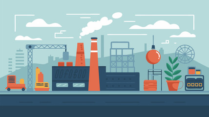Obraz premium Minimalist SVG Vector Illustration of Industrial Factory Scene with Smokestacks and Machinery in Flat Design Style with Blue and Orange Colors