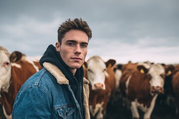 A young White man posing for a photo with cows behind him