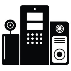Black and white vector illustration of an intercom system with a camera and a speaker phone