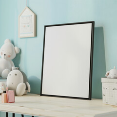 Single blank frame placed in cozy bedroom scene, ideal mockup for showcasing custom digital artwork, canvas prints, or poster designs