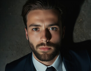 Fototapeta premium serious man in dark suit and tie under dramatic lighting and shadow