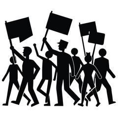 Black silhouette illustration of a group of people marching and protesting carrying flags of support