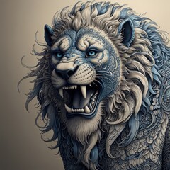 Detailed lion portrait, ornate blue patterns