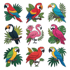 Obraz premium Vector art of a vibrant collection of tropical birds including parrots, macaws, toucans, and a flamingo, surrounded by lush green leaves
