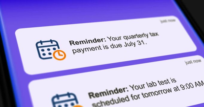 Calendar reminders, agenda alert notifications on smartphone screen, scrolling list of reminders about payments, taxed and appointments, footage