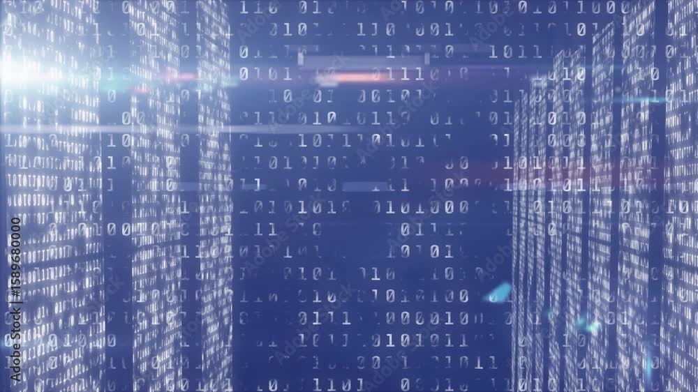 Poster opening 3d tunnel streaming binary code sweeping streaks advancing pulsing flare driving data flow